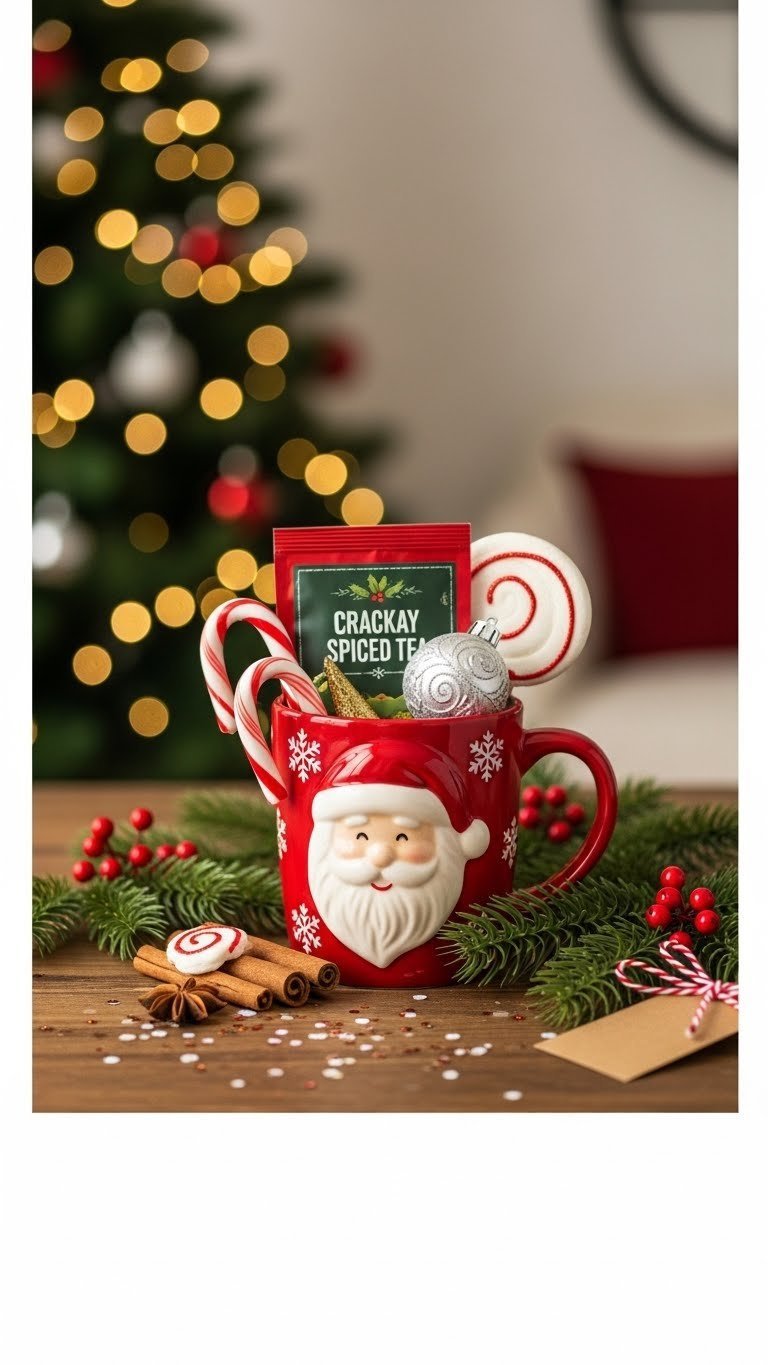 Holiday-themed ceramic mug brimming with candy canes, spiced tea, and delicate ornament on rustic Christmas table festive gift