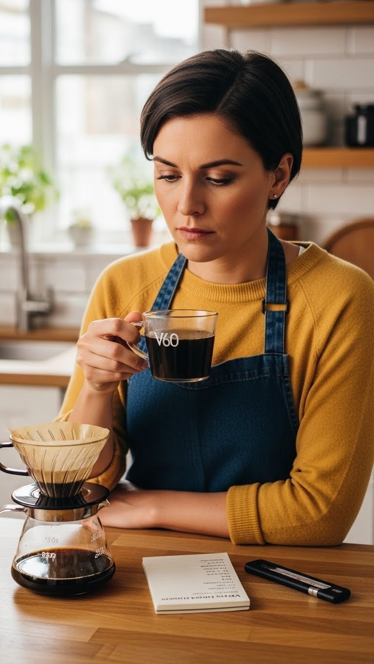Home barista thoughtfully examining V60 coffee cup while holding it up to light for brew evaluation