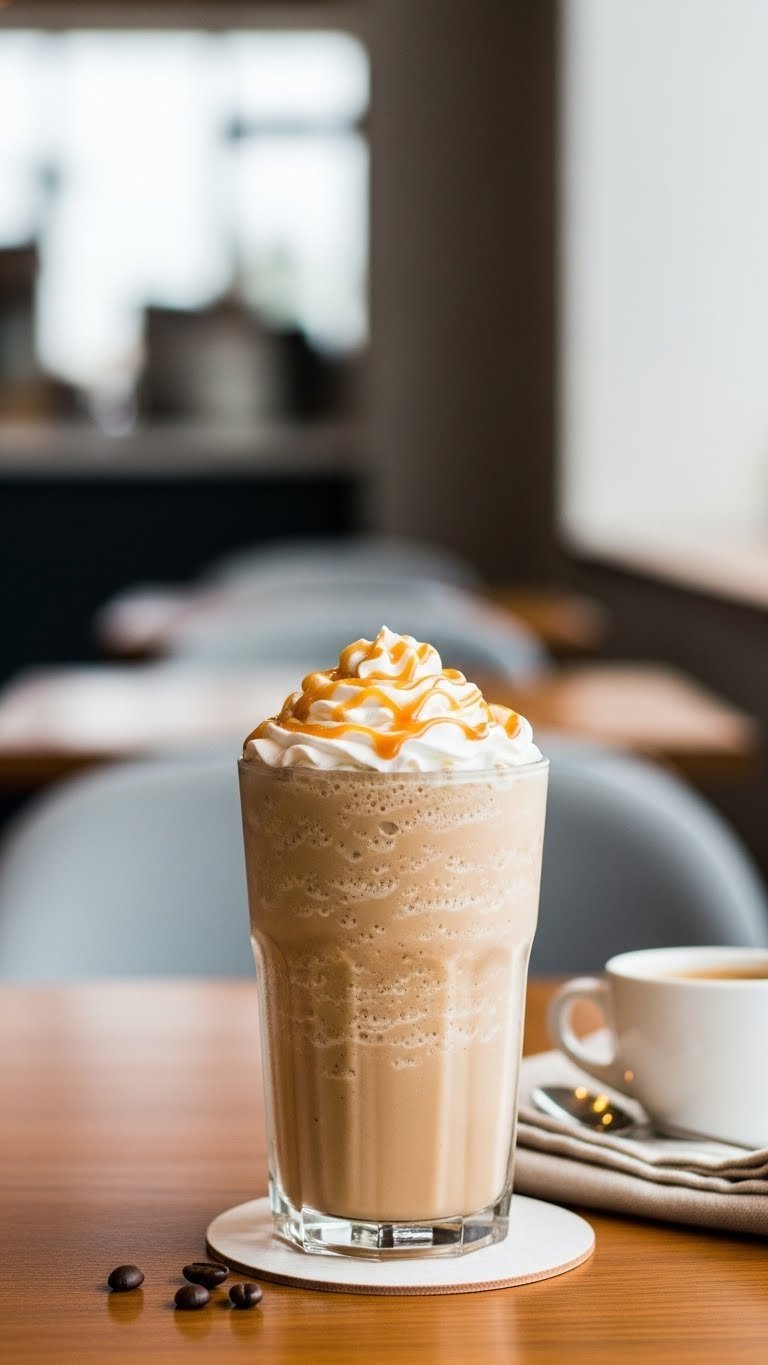 Homemade Starbucks-style frappuccino with whipped cream and caramel drizzle on modern cafe table