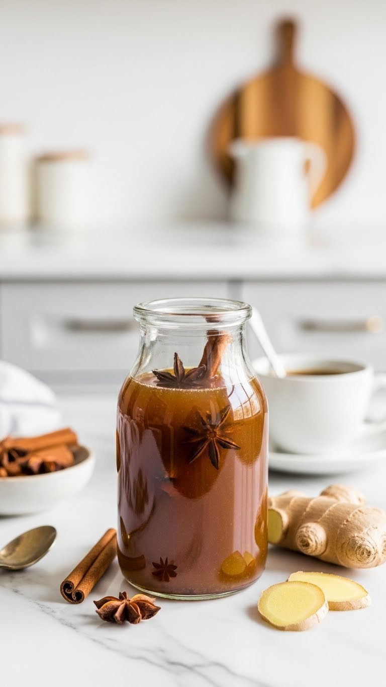 Homemade amber gingerbread syrup in a glass bottle with star anise, cinnamon sticks, and ginger on a white marble countertop.