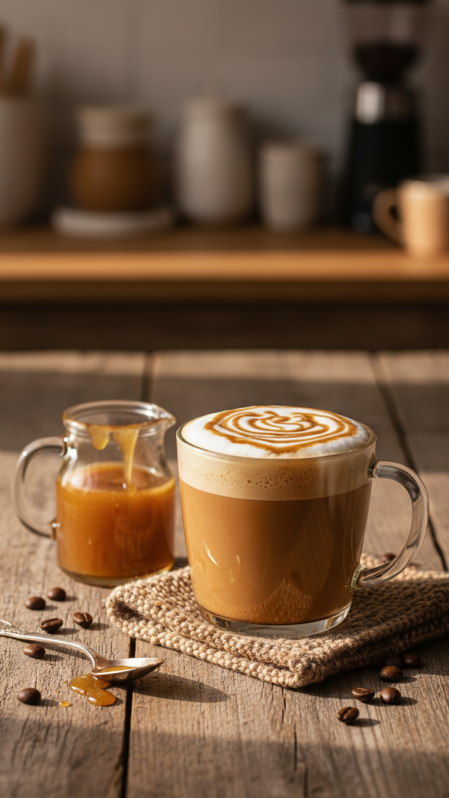 Homemade butterscotch latte in clear glass mug with foam art alongside small pitcher of syrup on rustic table
