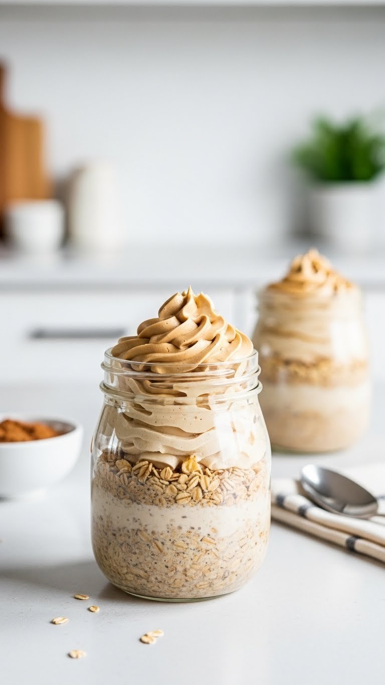 Essential Whipped Coffee Overnight Oats for Busy Mornings 13 Homemade copycat version of store-bought whipped coffee overnight oats in clear glass jar
