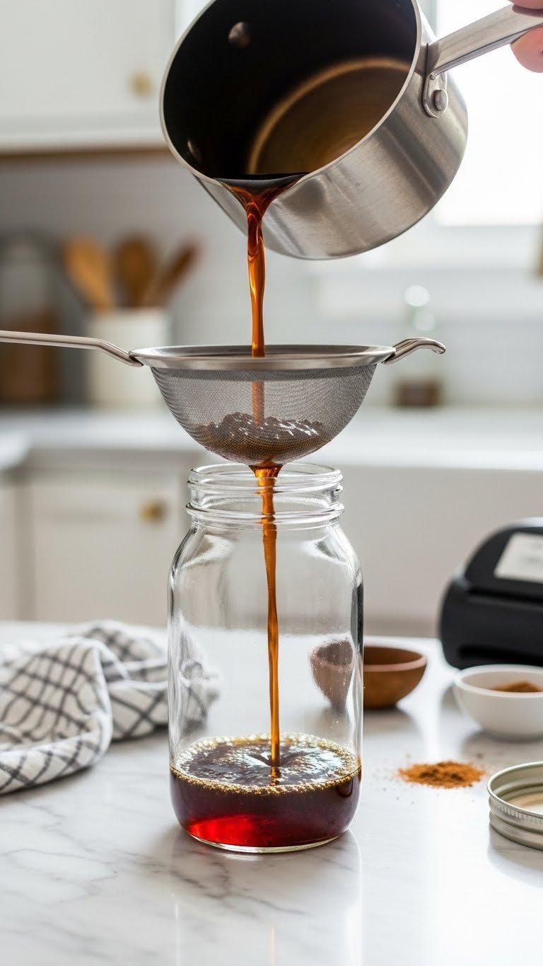 Homemade gingerbread coffee syrup being strained through fine-mesh sieve into clear glass jar on marble countertop
