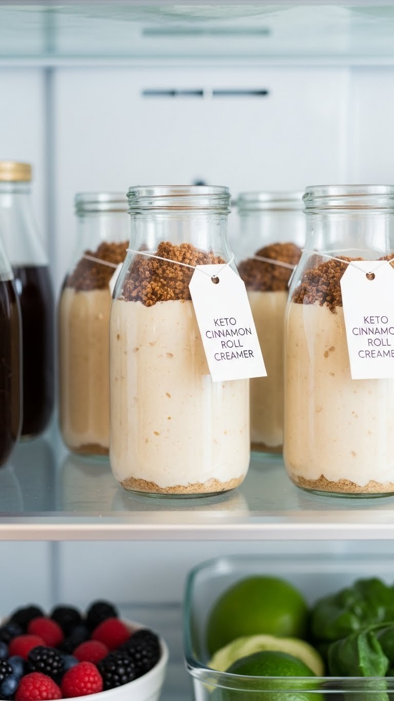 Homemade keto cinnamon roll creamer bottles stored in organized refrigerator shelf with ambient lighting