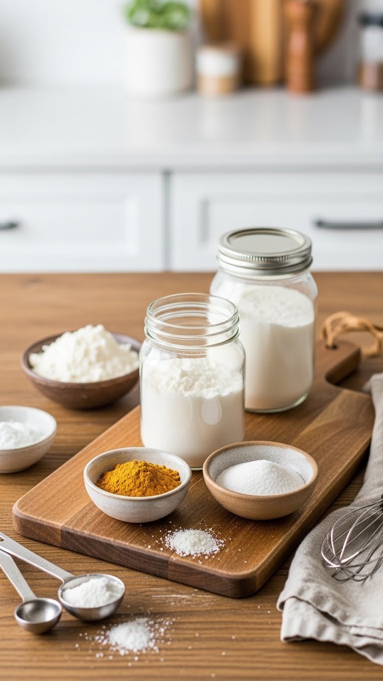 Homemade keto powdered coffee creamer ingredients arranged on rustic wooden board with coconut milk powder and erythritol