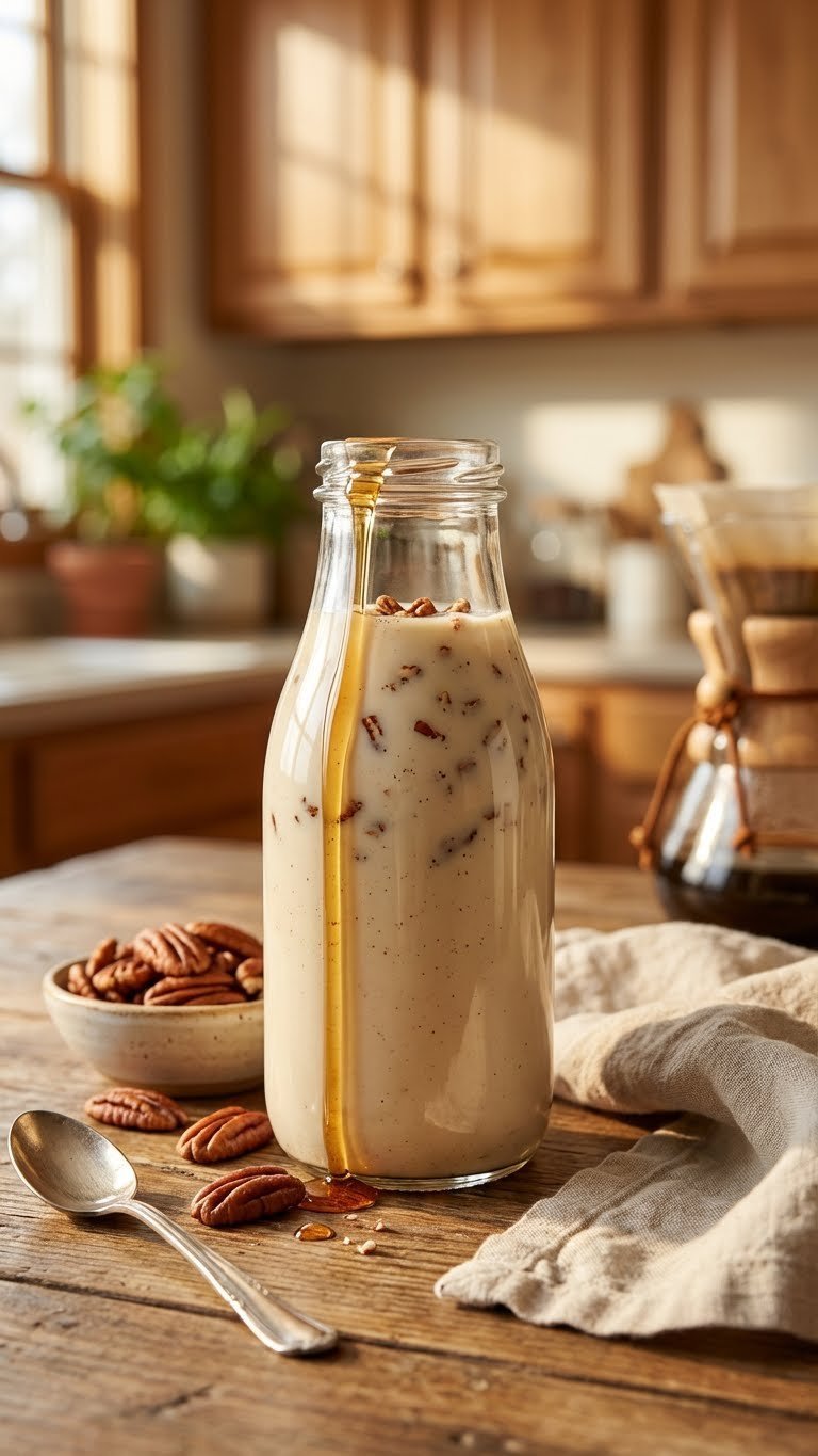 Easy Protein Coffee Creamer: Healthy Recipe for Delicious Mornings 9 Homemade maple pecan protein coffee creamer in a glass bottle, with roasted pecans and maple syrup on a rustic wooden table.