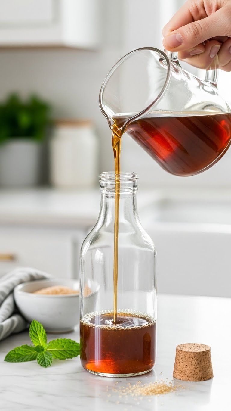 Homemade peppermint coffee syrup being poured from glass pitcher into cork-stoppered bottle on marble countertop with mint sprig
