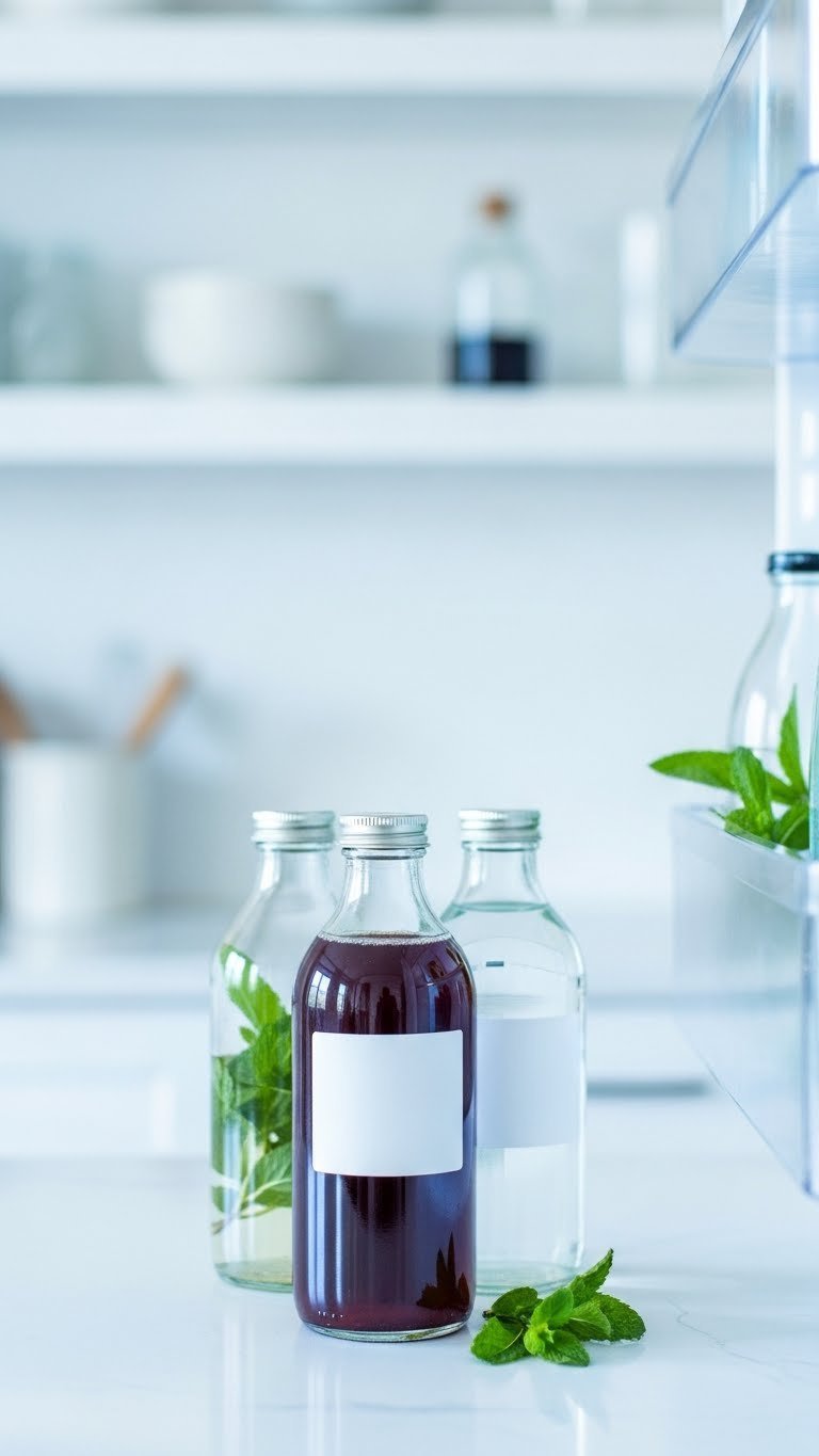 Homemade peppermint syrup bottles neatly stored in refrigerator shelf with mint sprig garnish
