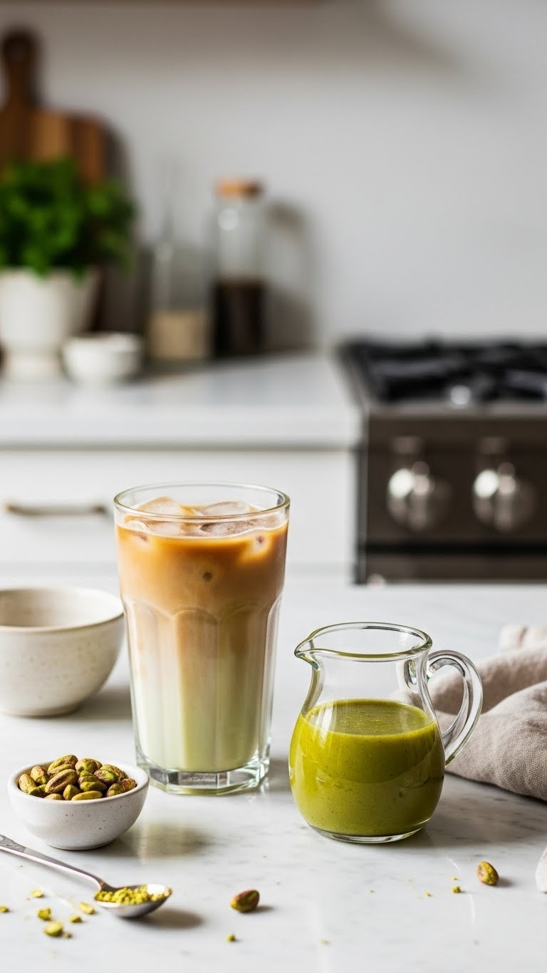 Homemade pistachio iced coffee with DIY syrup pitcher on light marble countertop in warm kitchen setting