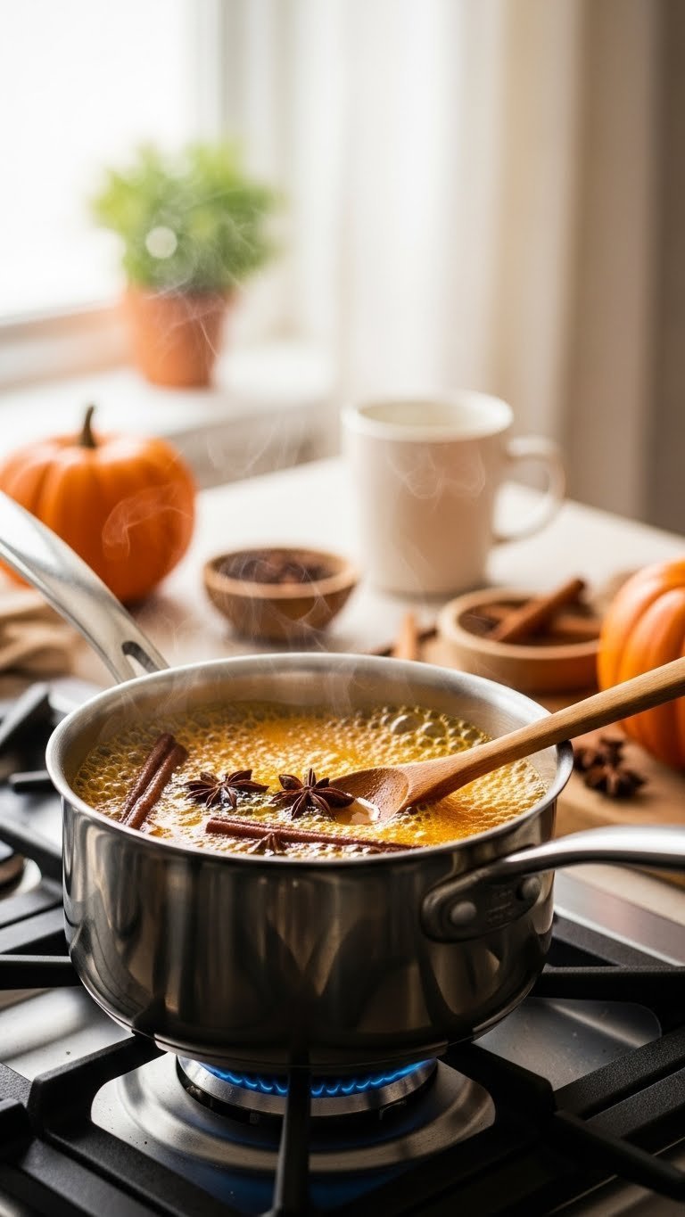 Homemade pumpkin coffee syrup simmering with cinnamon sticks and star anise in stainless steel saucepan on stovetop burner.