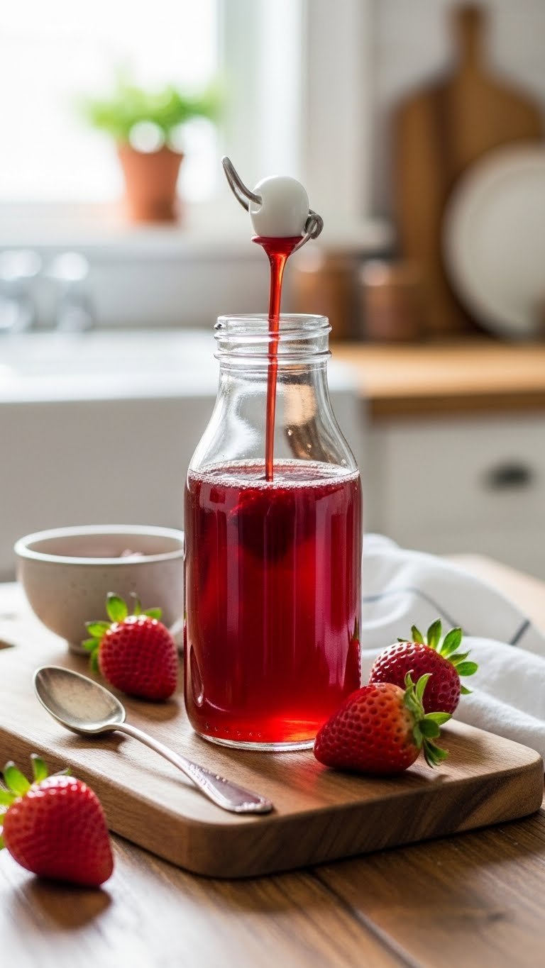 Homemade ruby-red strawberry coffee syrup cascading into clear glass bottle with fresh strawberries on rustic wooden board in natural window light