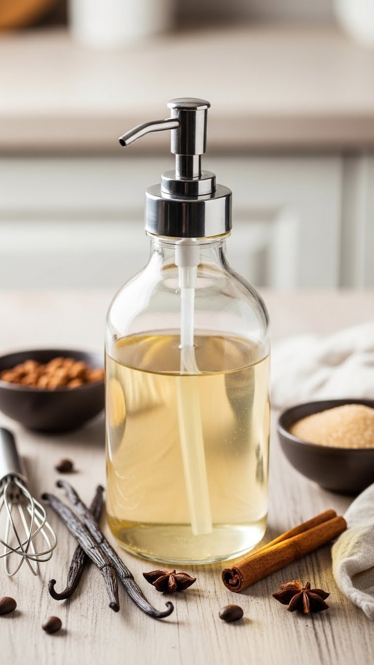 Homemade simple syrup in glass dispenser with vanilla beans and cinnamon stick on rustic wooden table