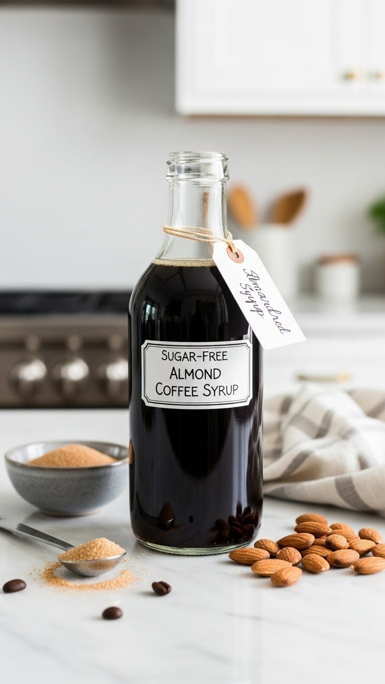 Homemade sugar-free almond coffee syrup bottle with handwritten tag and raw almonds on marble countertop