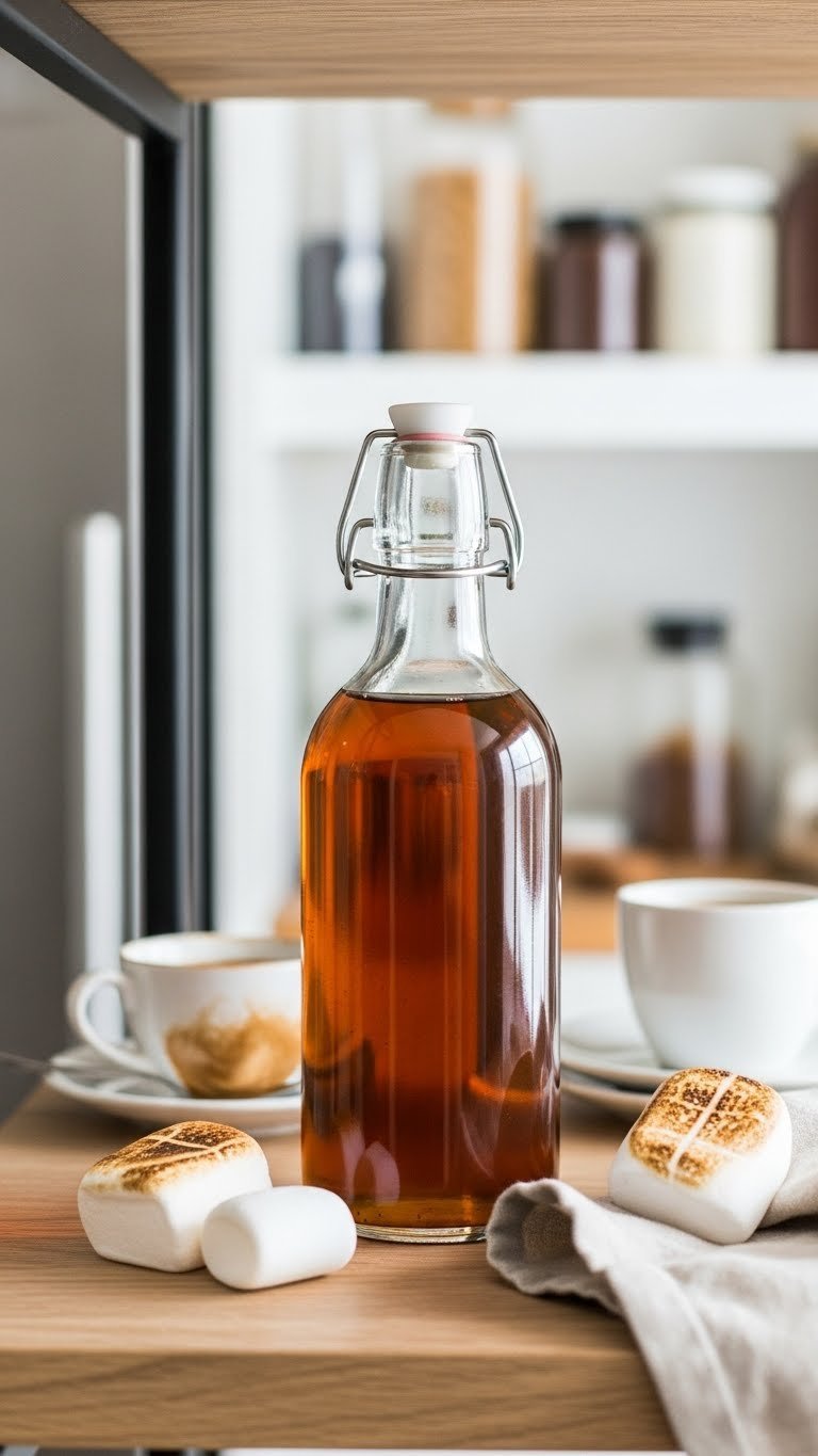 Homemade toasted marshmallow syrup bottled in elegant glass container with amber hue