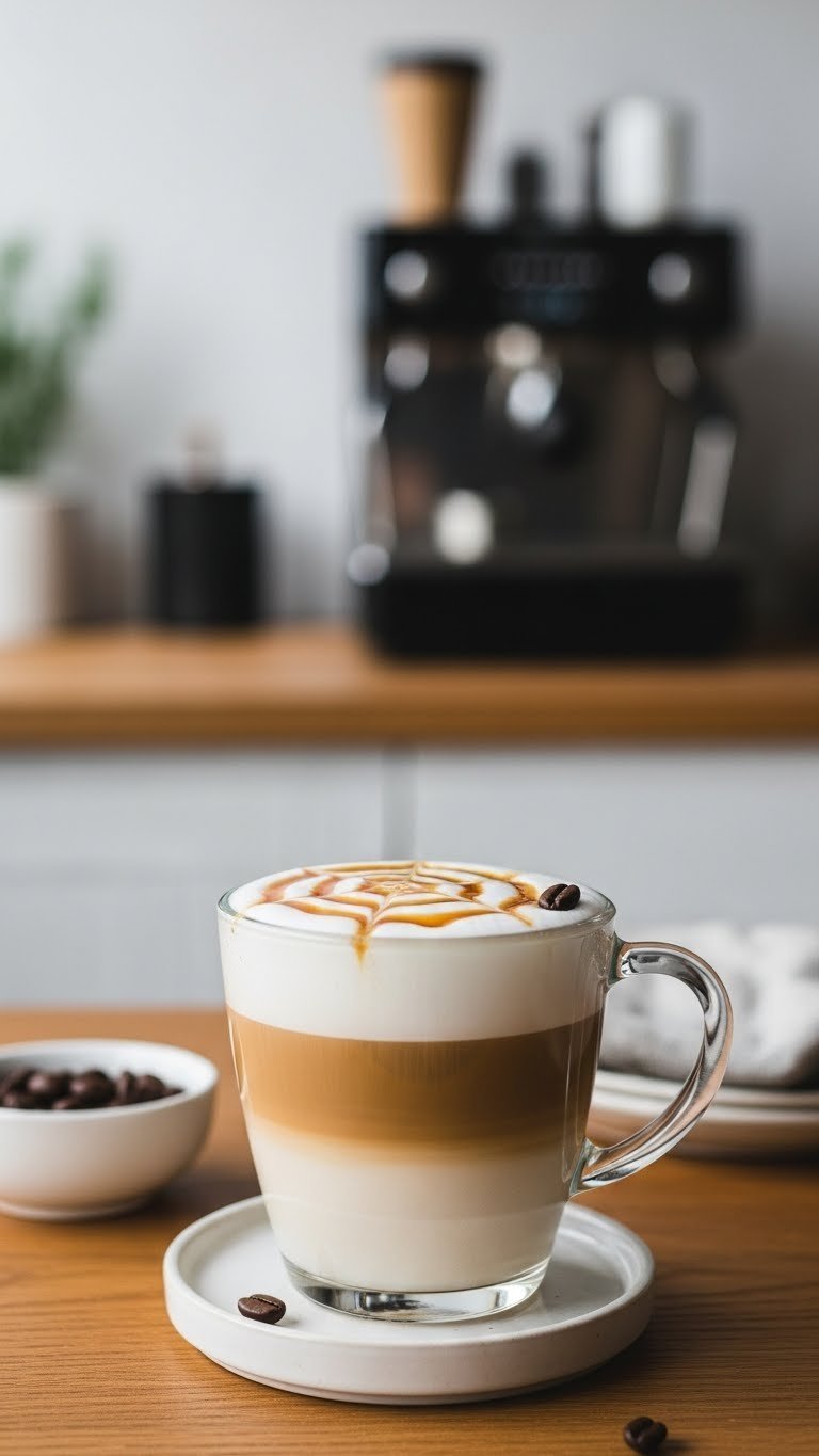 Homemade toffee nut latte in glass mug with frothy milk and syrup drizzle, garnished with coffee bean