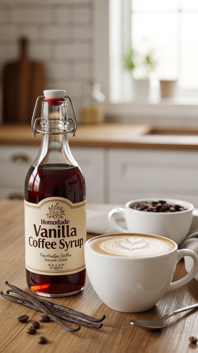 Homemade vanilla coffee syrup in clear glass bottle next to steaming coffee mug with latte art heart on rustic wooden table