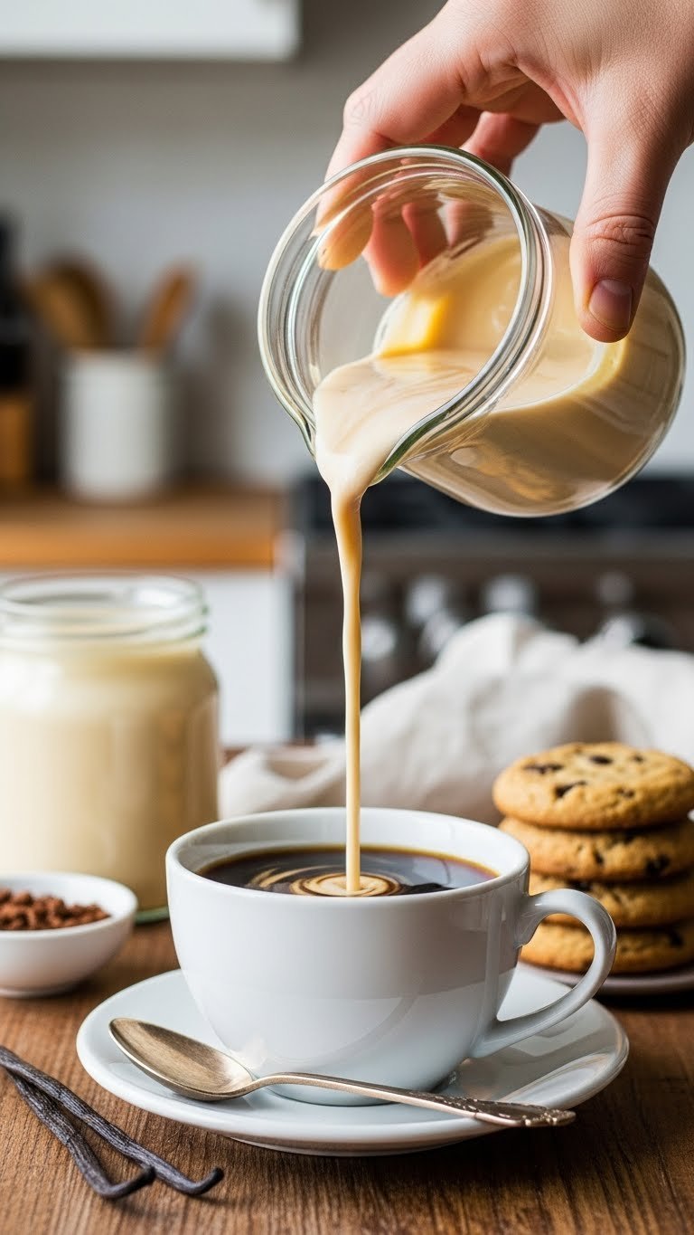 Homemade vanilla keto coffee creamer being poured into dark coffee with vanilla bean and keto cookies on rustic wooden table