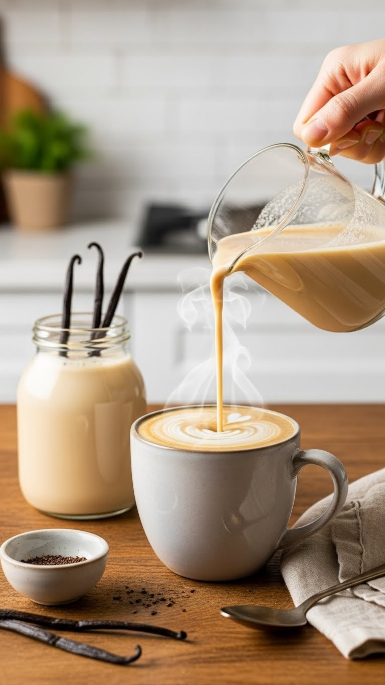 Homemade vanilla keto coffee creamer being poured into steaming mug with vanilla bean flecks on rustic wooden table