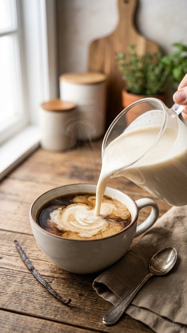 Easy Protein Coffee Creamer: Healthy Recipe for Delicious Mornings 1 Homemade vanilla protein coffee creamer swirls into a dark coffee mug, showcasing its rich, frothy texture on a rustic table with a vanilla bean.