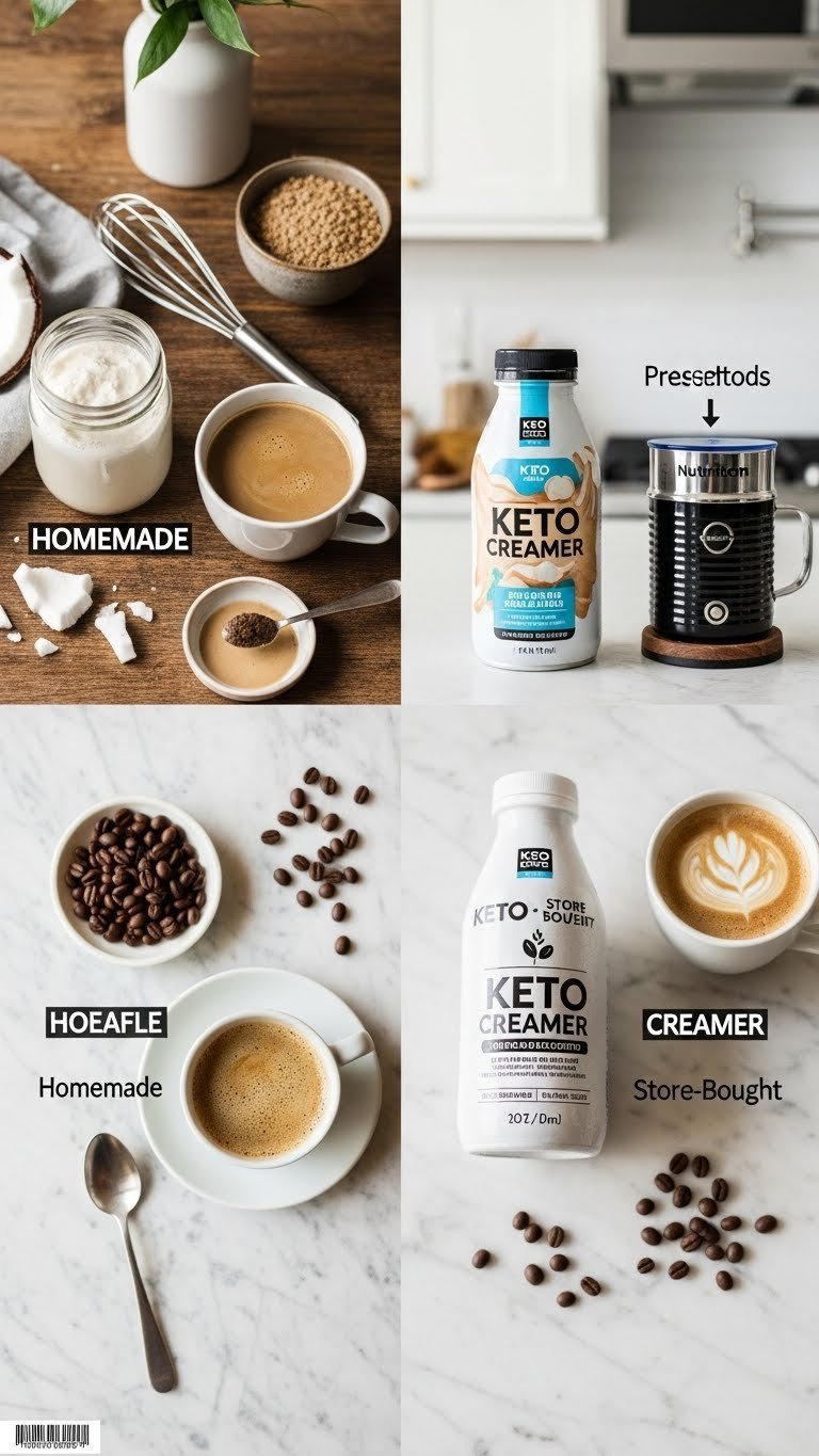 Homemade versus store-bought keto coffee creamer comparison showing rustic versus modern coffee setups