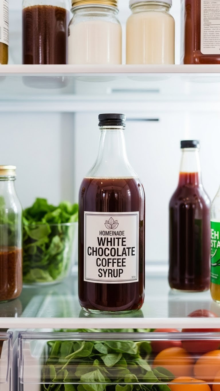 Homemade white chocolate coffee syrup bottle stored in organized refrigerator with fresh produce