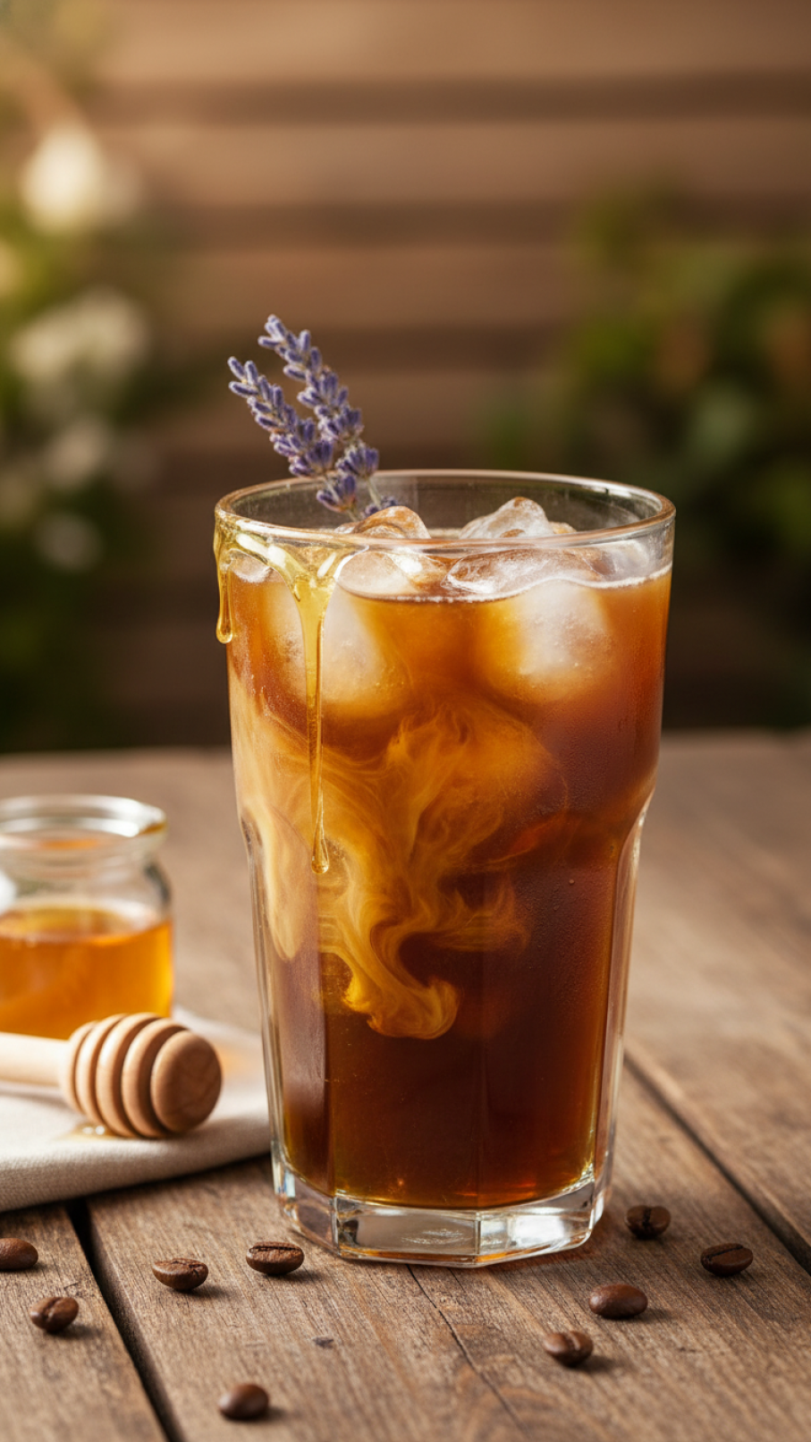 Honey lavender iced coffee with golden honey drizzle and lavender garnish on rustic wooden table