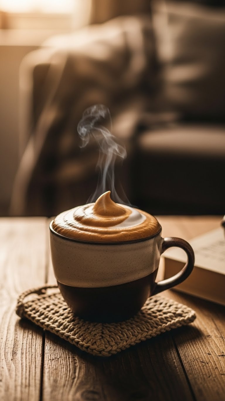 Vietnamese Whipped Coffee Easy Authentic Recipe Guide 5 Hot Vietnamese whipped coffee with velvety foam and steam in a ceramic mug on a rustic wooden table, creating a cozy mood.