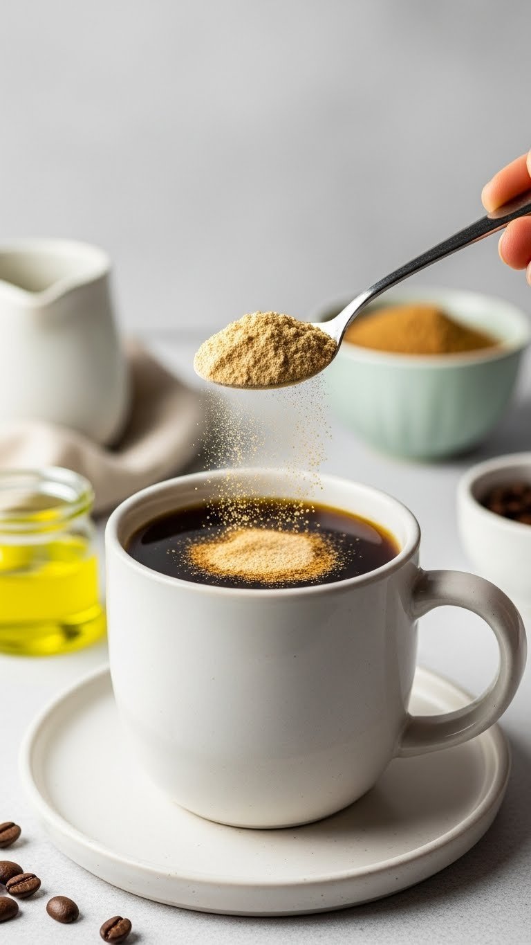 Hot coffee mug with MCT oil powder being spooned in, creating plume above liquid with coffee beans scattered around