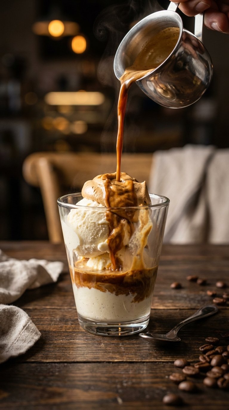 Whipped Coffee Mousse Easy Foolproof Recipe for Beginners 13 Hot espresso being poured over vanilla ice cream topped with whipped coffee mousse in glass cup