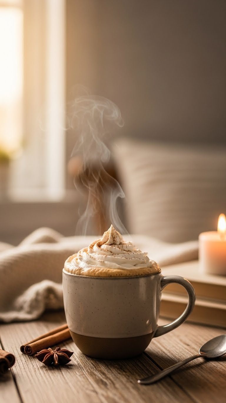Hot gingerbread whipped coffee in a ceramic mug with thick creamy foam, rising steam, on a rustic table with books and a blanket.