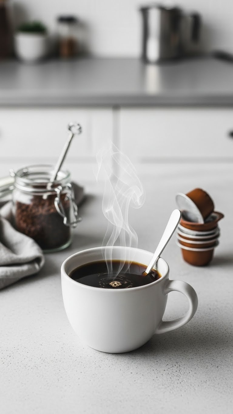 Hot instant protein coffee in a minimalist ceramic mug with a spoon and steam, on a concrete counter, emphasizing quick preparation.