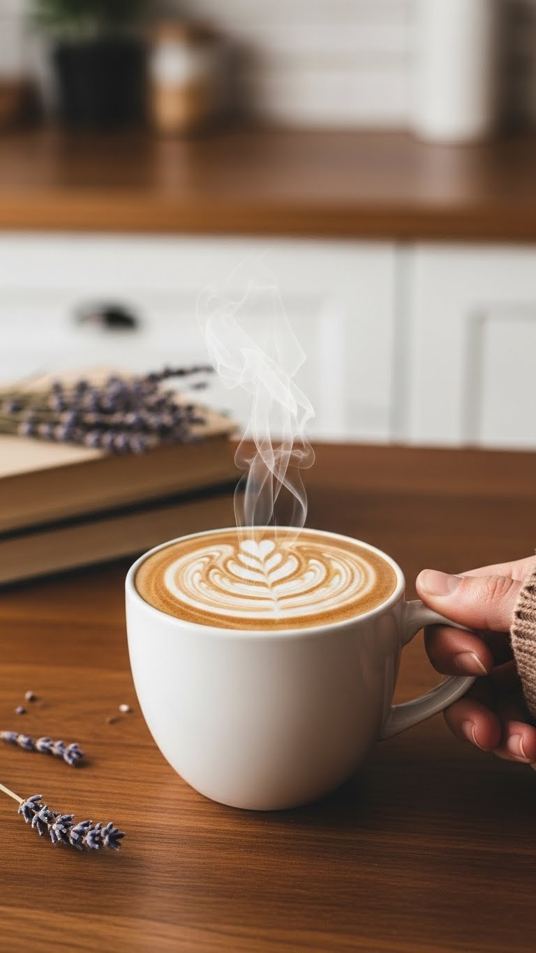 Hot keto Americano coffee in white ceramic mug with steam rising and heavy cream swirl in cozy kitchen setting
