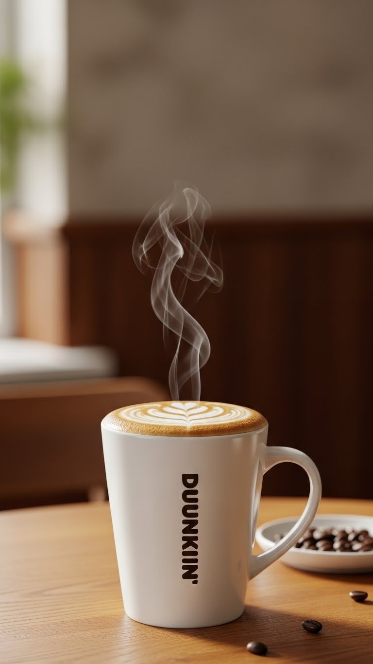 Hot keto-friendly Dunkin coffee in classic cup with rising steam and creamy swirl against warm, cozy cafe interior background.