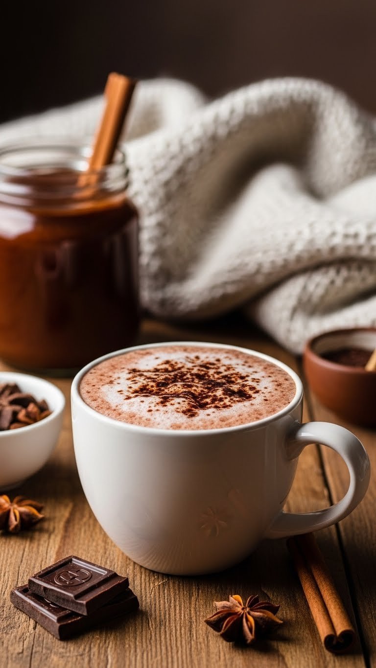 Creamy Low Carb Protein Coffee Recipe For Weight Loss 2 Hot mocha collagen latte in a ceramic mug with cocoa powder on a rustic wooden table with dark chocolate and cinnamon stick