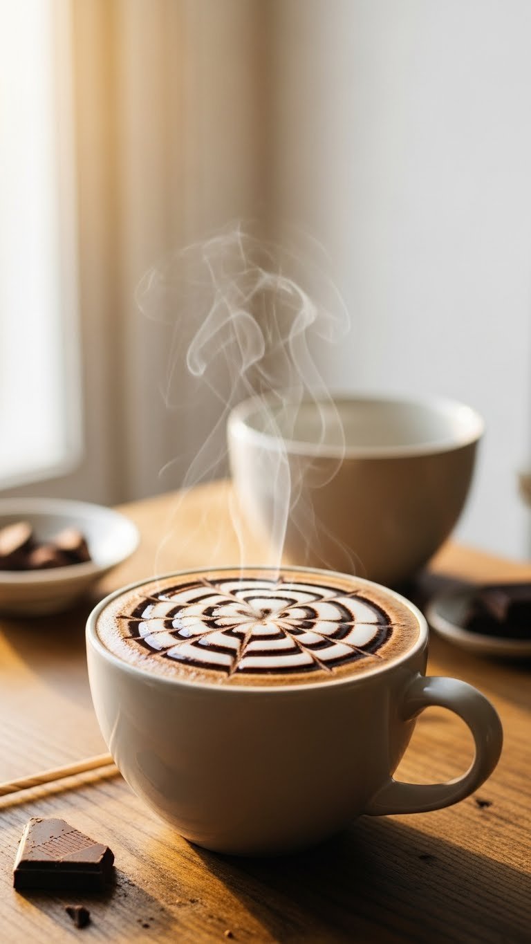 Hot mocha protein coffee with frothed milk and chocolate swirl in a ceramic mug on a rustic wooden table.