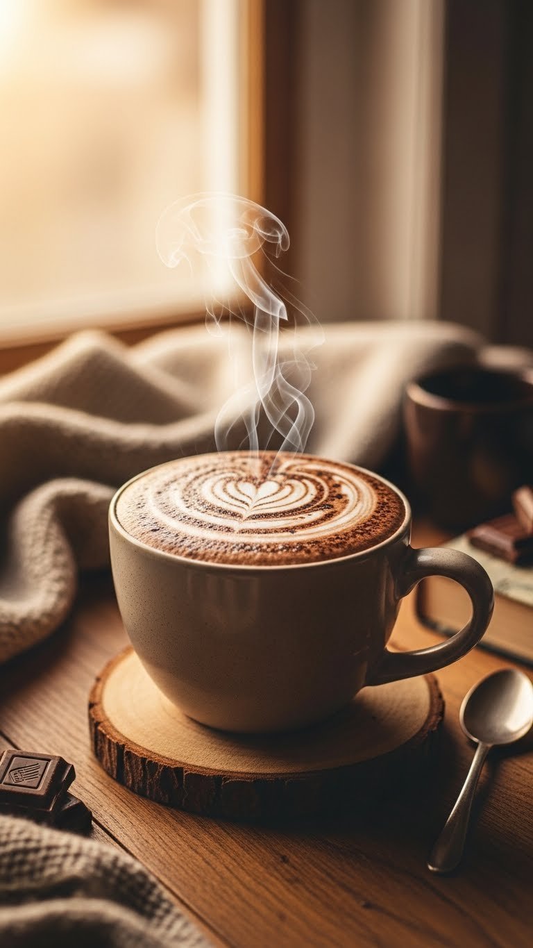 Hot mocha protein latte in a ceramic mug with frothed milk and cocoa, steaming on a rustic wooden coaster in golden hour light.