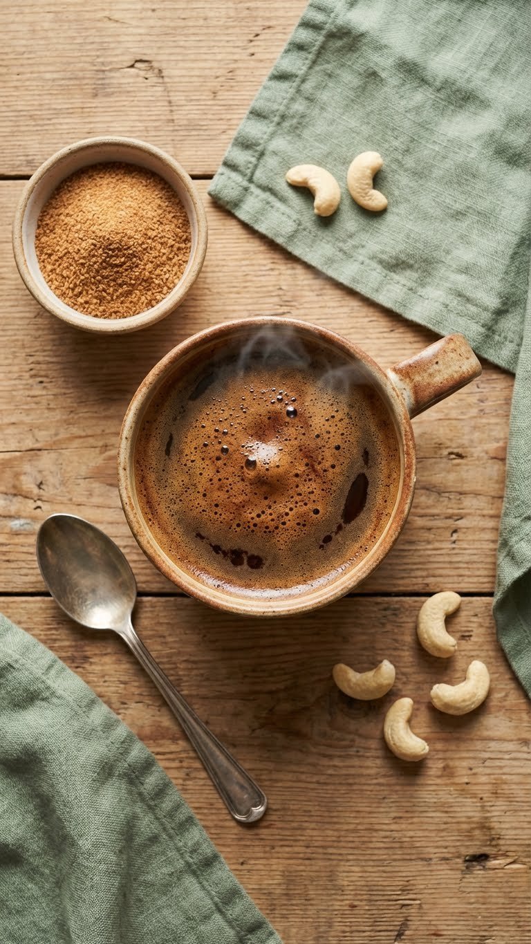 Healthy Whipped Coffee Recipe Complete Sugar Free Guide 5 Hot paleo whipped coffee in rustic ceramic mug with cashew milk foam on wooden table with coconut sugar