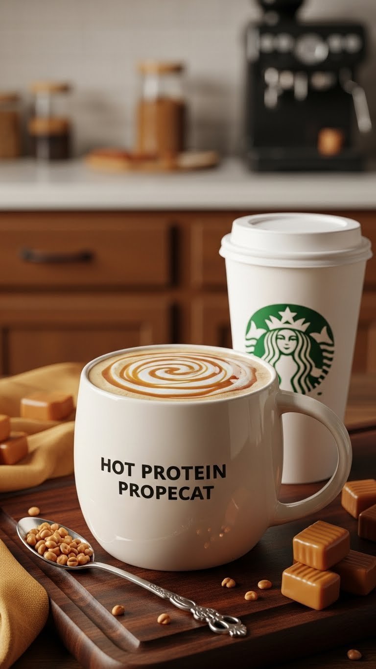 Hot Protein Coffee: Ultimate Guide to Smooth & Creamy Proffee 13 Hot protein coffee "Starbucks copycat" in stylized mug with caramel swirl, next to faux branded cup on wooden board.