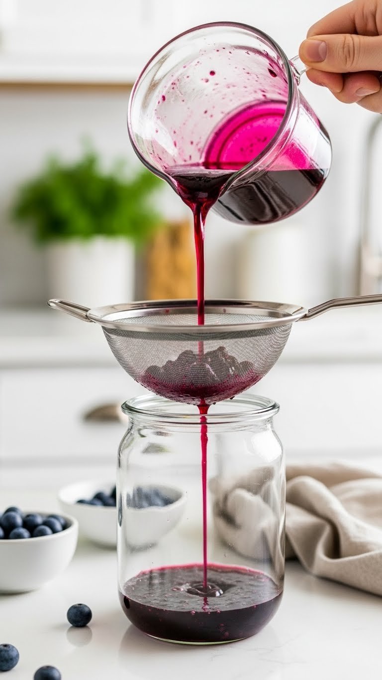 Hot purple blueberry syrup being poured through fine mesh strainer into clean glass jar with visible pulp separation