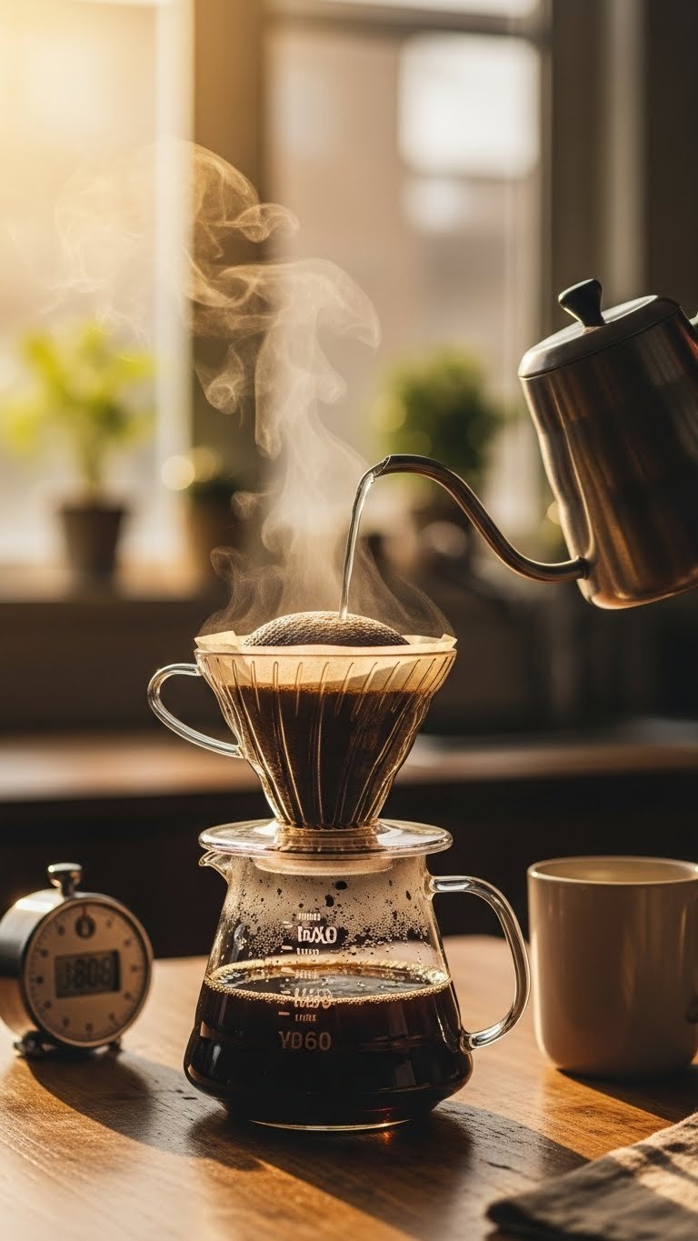 Hot water blooming coffee grounds in V60 dripper for smooth black coffee.