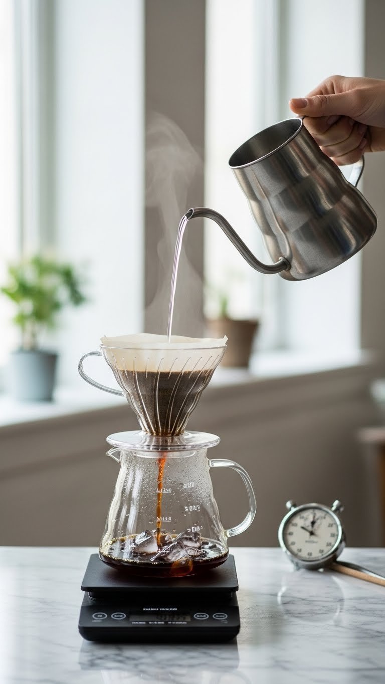 Hot water poured in spiral motion over blooming coffee grounds in V60 dripper with coffee dripping into ice carafe