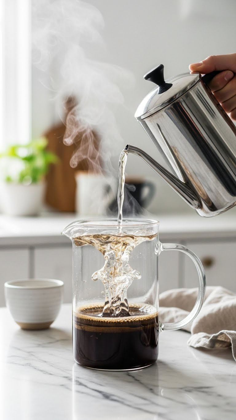 Hot water swirling inside borosilicate glass French press with steam rising on marble countertop with ceramic cup