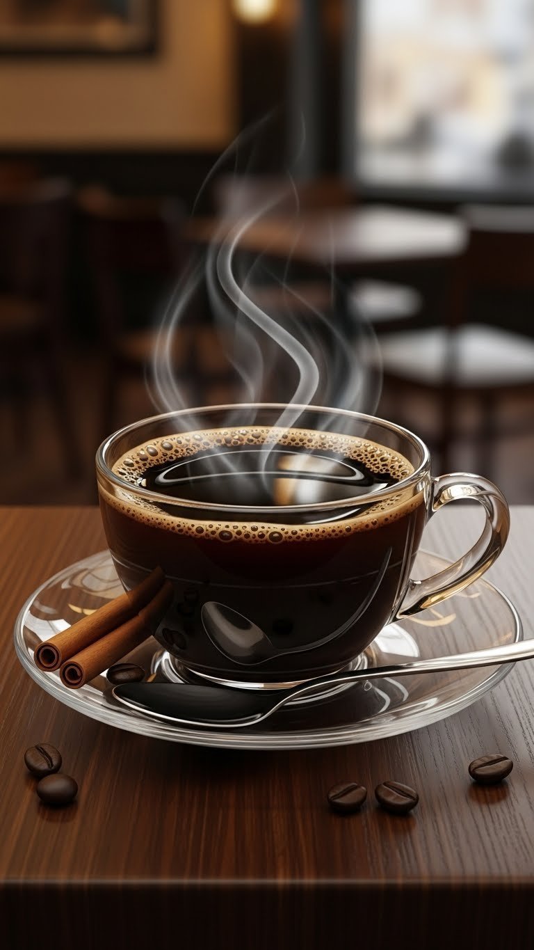 Hyperrealistic digital painting of steaming black coffee with liquid textures