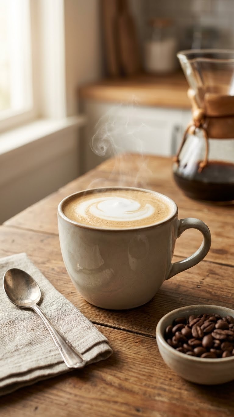 Make Protein Coffee At Home: Foolproof No-Clump Hot & Iced 1 Hyperrealistic hot protein coffee in a steaming mug with frothed milk, coffee beans, and a vintage spoon on a rustic wooden table.