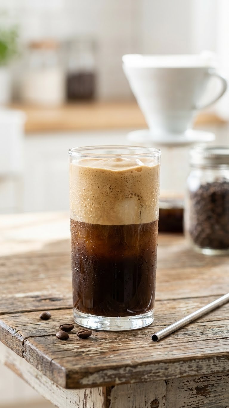 Protein Coffee: 7 Easy Recipes for Energy & Muscle 1 Hyperrealistic iced protein coffee in a clear glass with layered brown and creamy top, sparkling ice, coffee beans, and a straw on a rustic wooden table.