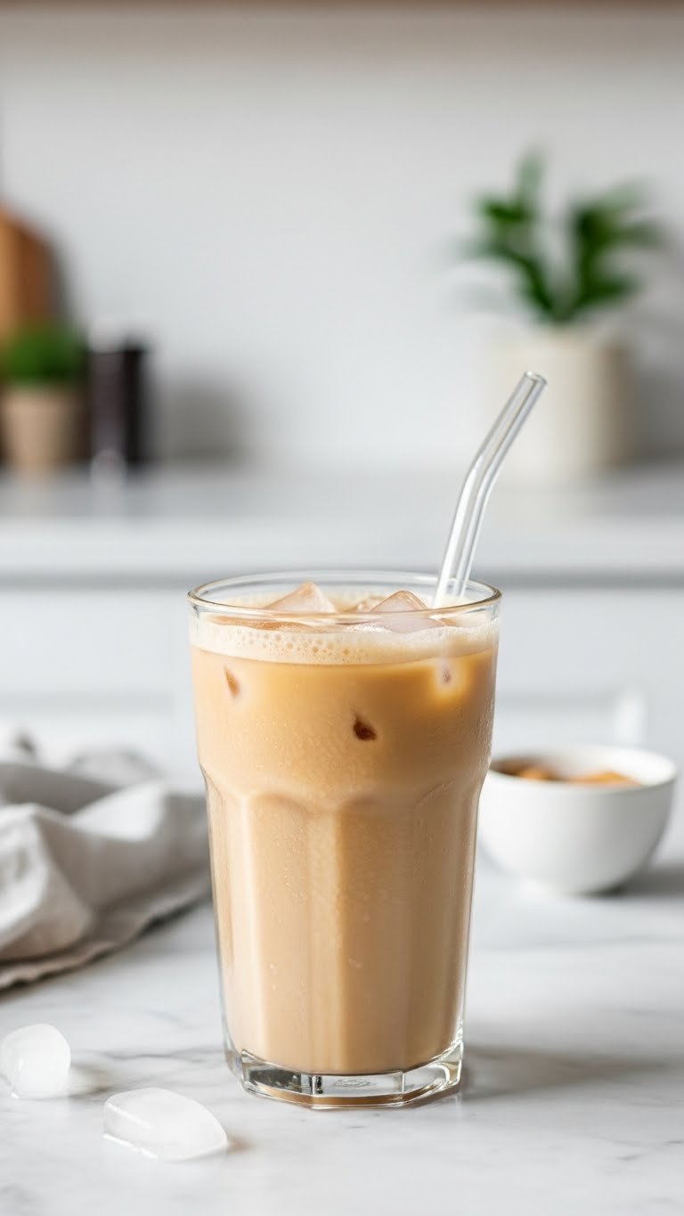 Hyperrealistic iced vanilla protein coffee in a tall glass with foam, condensation, ice, and a reusable straw on a marble counter in a bright kitchen.
