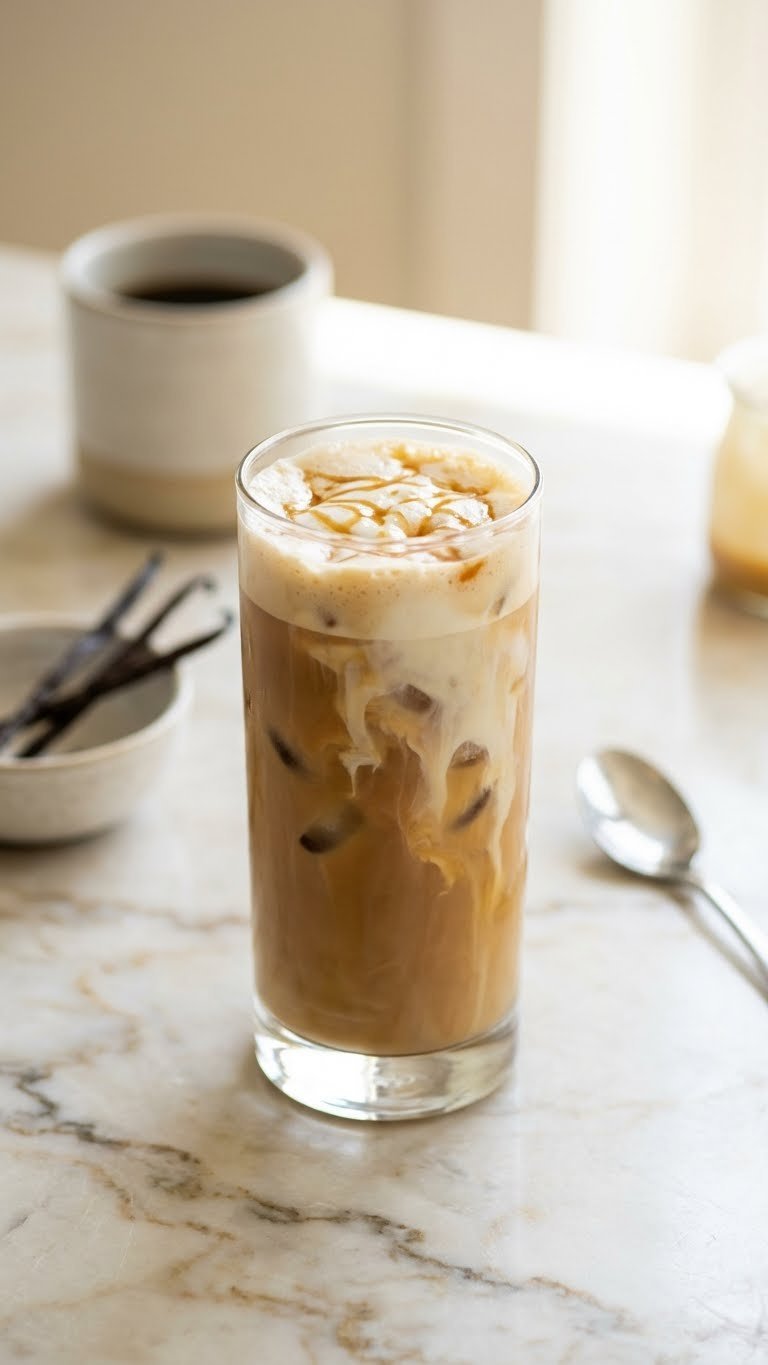 Complete High Protein Coffee Recipes For Busy Mornings 1 Hyperrealistic iced vanilla protein coffee with creamy swirls, ice, foam in a tall glass on marble, vanilla beans.