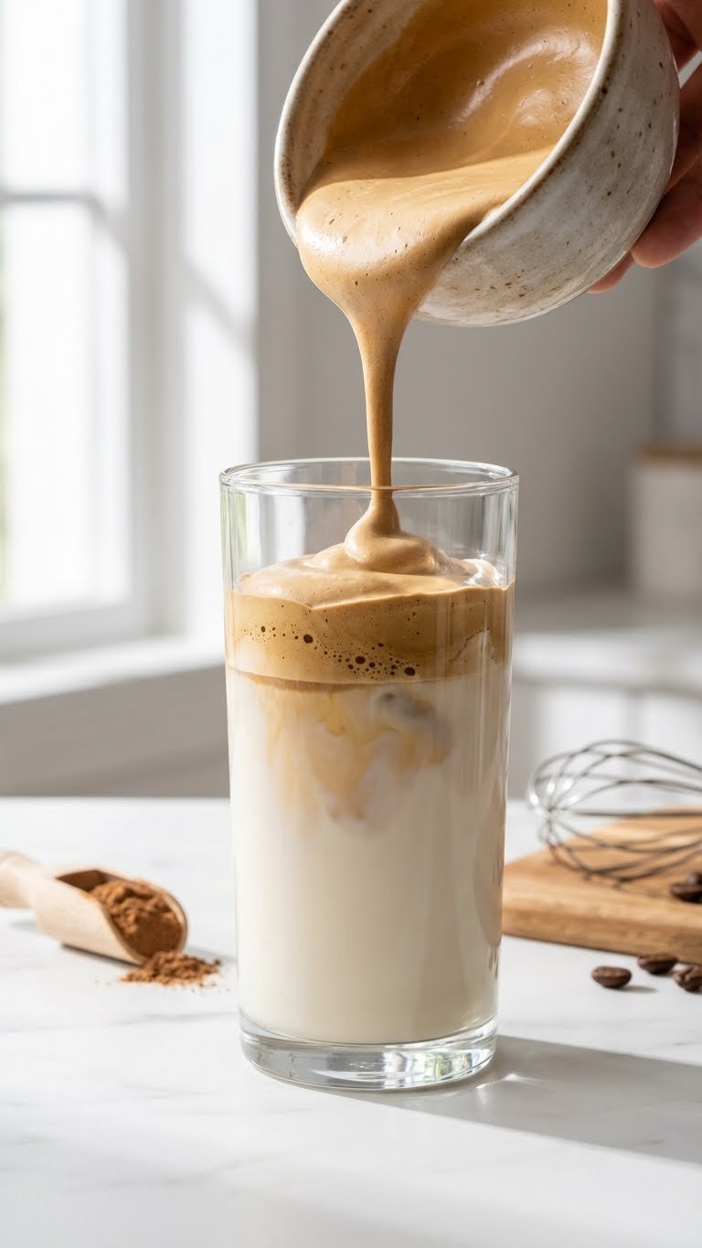 Mushroom Whipped Coffee: Ultimate Recipe for Focus & Energy 1 Hyperrealistic photo of frothy mushroom whipped coffee cascading into a clear glass of creamy plant-based milk on a marble counter.
