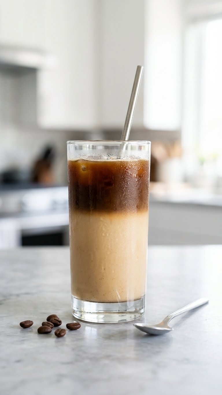 30g Protein Coffee Ultimate Guide Recipes Brands Benefits 1 Hyperrealistic tall iced protein latte in a glass with coffee and milk layers, ice, stainless straw on a marble counter. Delicious high-protein cold coffee drink.