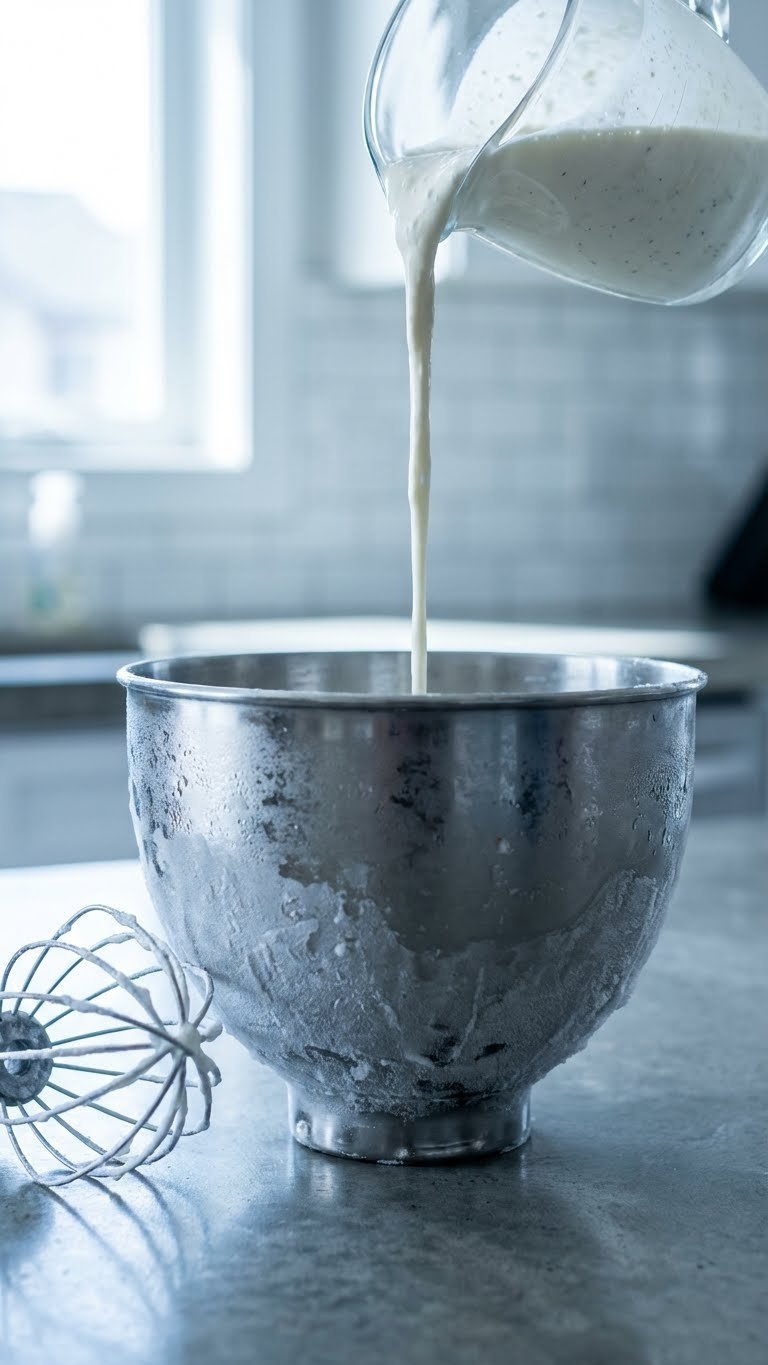 Whipped Coffee Frosting Recipe Easy Stable Fluffy Guide 9 Ice-cold heavy whipping cream poured into frosted metal bowl in clean kitchen setting